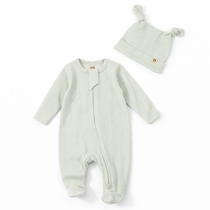 JBØRN Ribbed Bamboo Sleepsuit with Hat | 0–6M Sage | Sleepsuit & Hat Set - Personalisable Baby Products Sold and Personalised by JustBørn