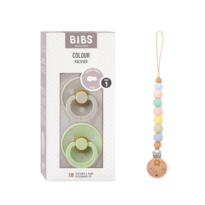 Pack of 2 BIBS Colour Latex Pacifiers & Rainbow Pacifier Clip | 0-6 Months | Size 1 Sand Pistachio & Rainbow Clip Size 1 (0-6 months) - Personalisable Baby Products Sold and Personalised by JustBørn