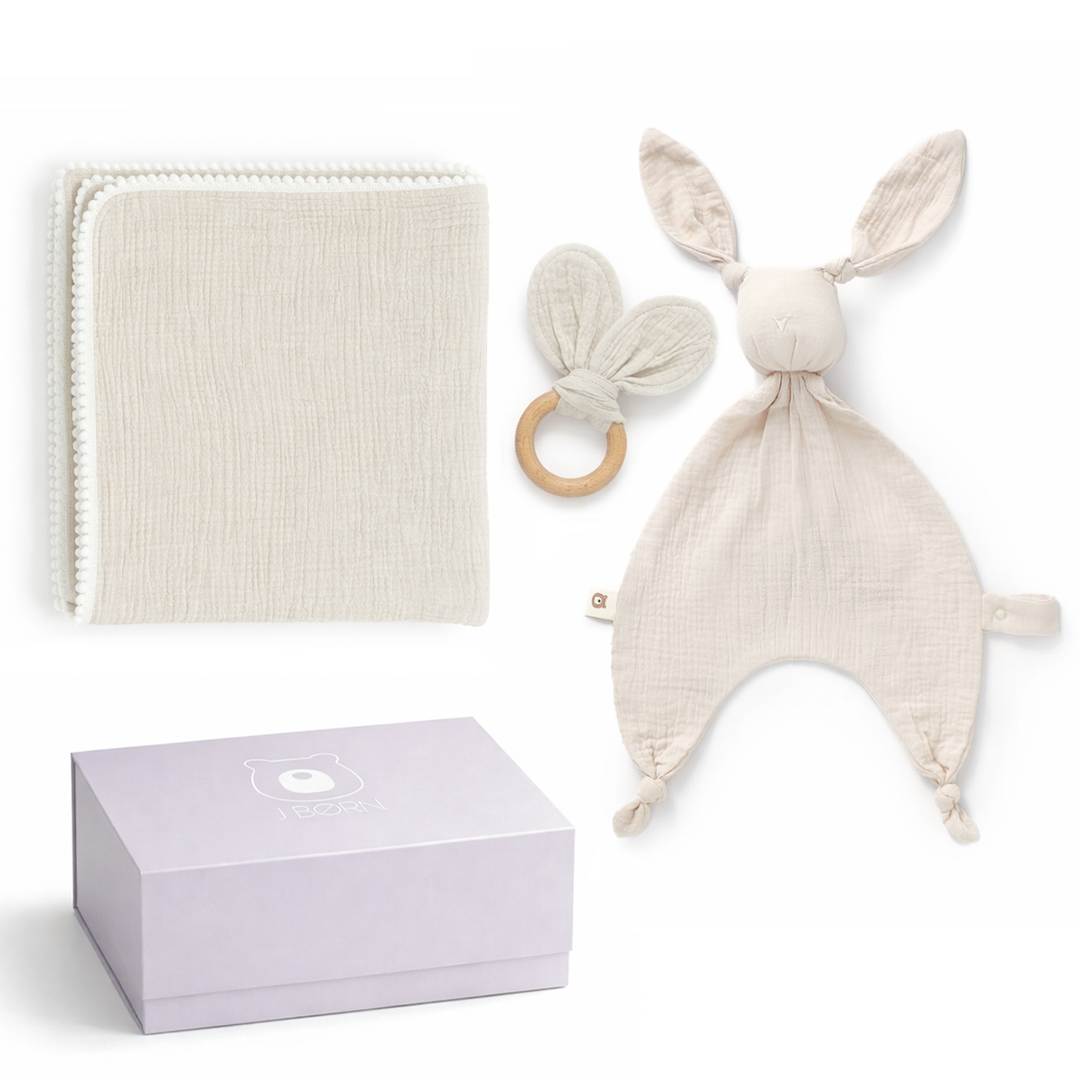 JBØRN Muslin Blanket, Comforter & Teether Set | Organic Cotton Baby Swaddle Sandstone Swaddle & Comforter Gift Set - Personalisable Baby Products Sold and Personalised by JustBørn