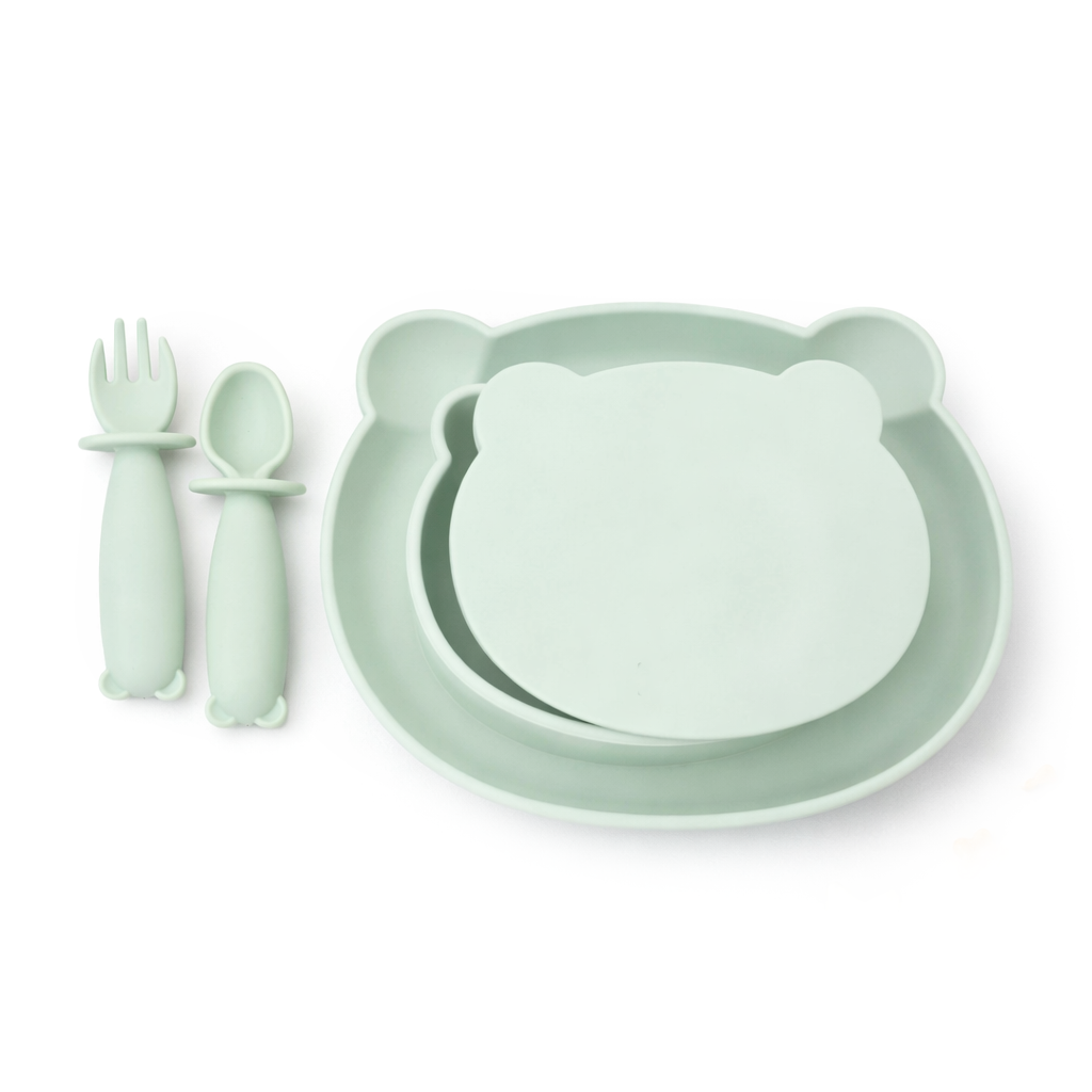 JBØRN 4-Piece Silicone Weaning Set | Suction Bowl with Lid, Plate & Cutlery Seafoam - Personalisable Baby Products Sold and Personalised by JustBørn