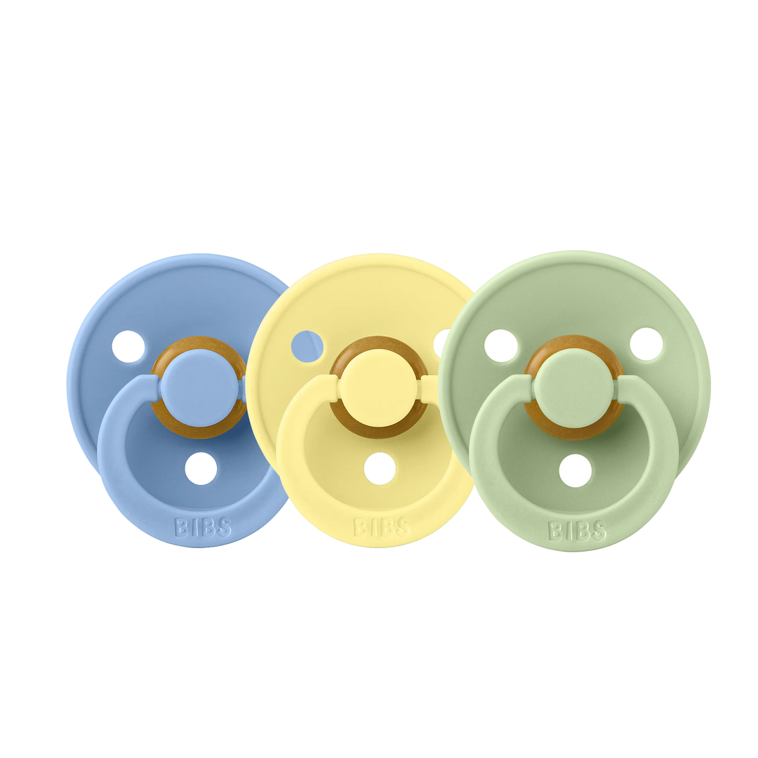 BIBS Colour Natural Rubber Latex Pacifiers (Size 1 & 2) | 3 Pack Sky Blue Sunshine Pistachio - Personalisable Baby Products Sold and Personalised by JustBørn