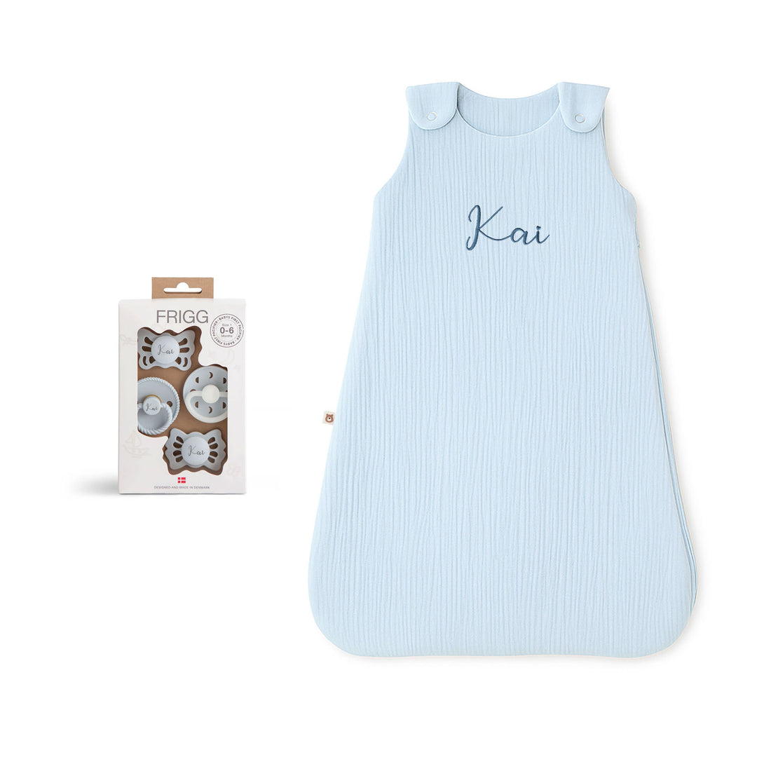 JBØRN Organic Cotton Muslin Sleep Bag & First Pacifiers Gift Set Powder Blue Frigg First Pacifiers - Personalisable Baby Products Sold and Personalised by JustBørn
