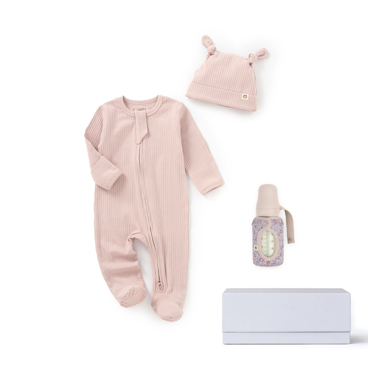 JBØRN x BIBS Baby Shower Gift Set | 0-3 Months | Organic Cotton Sleepsuit & Matching Baby Bottle Blush - Personalisable Baby Products Sold and Personalised by JustBørn