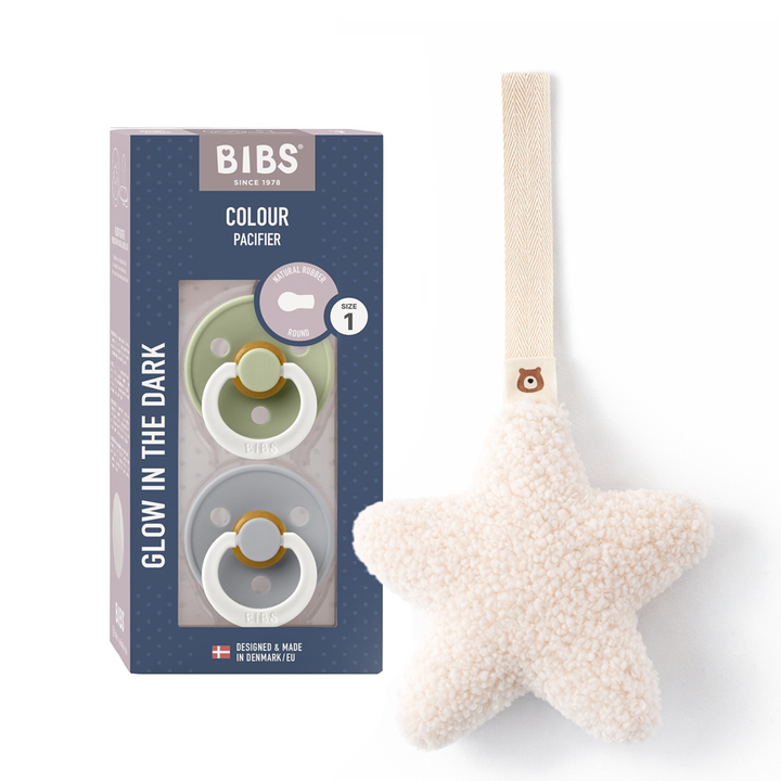 JBØRN x BIBS Latex Round Pacifier Duo & Personalised Plush Holder Set Star Set | Sage & Cloud Night Glow - Personalisable Baby Products Sold and Personalised by JustBørn