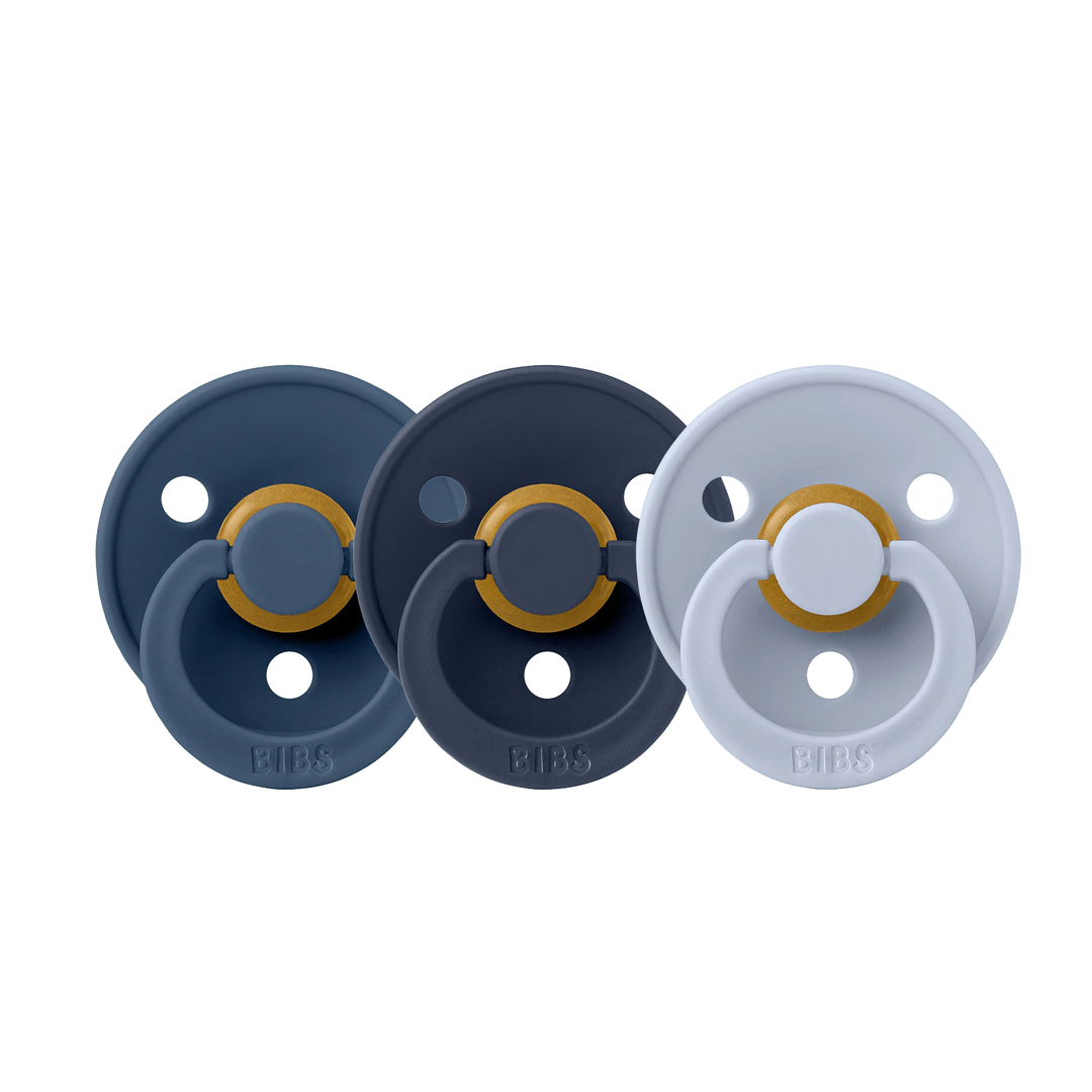BIBS Colour Natural Rubber Latex Pacifiers (Size 1 & 2) | 3 Pack Steel Blue Deep Space Dusty Blue - Personalisable Baby Products Sold and Personalised by JustBørn