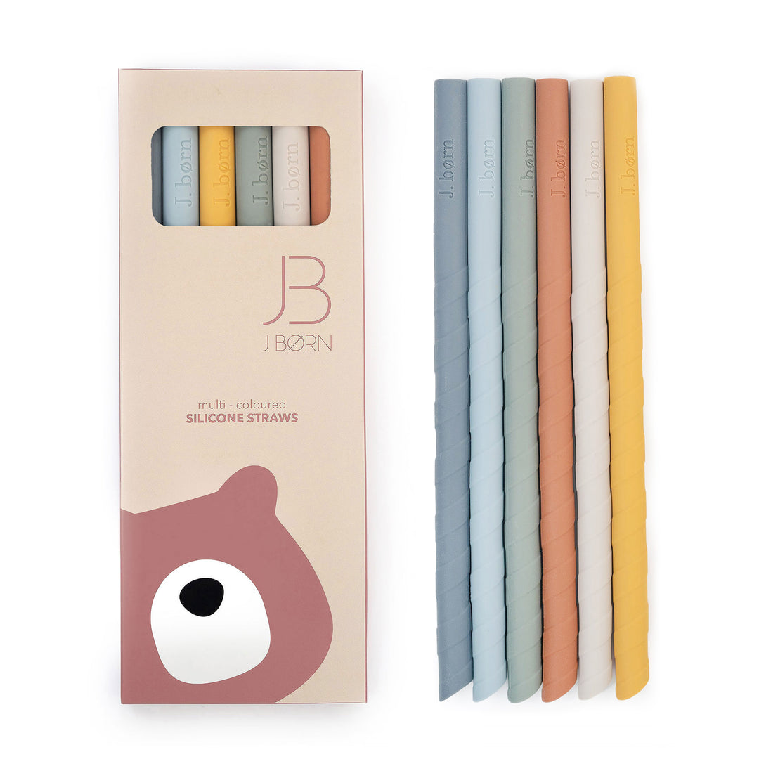 JBØRN Silicone Straws (Straight) x6 with Cleaning Brush & Pouch Blue Mix - Personalisable Baby Products Sold and Personalised by JustBørn