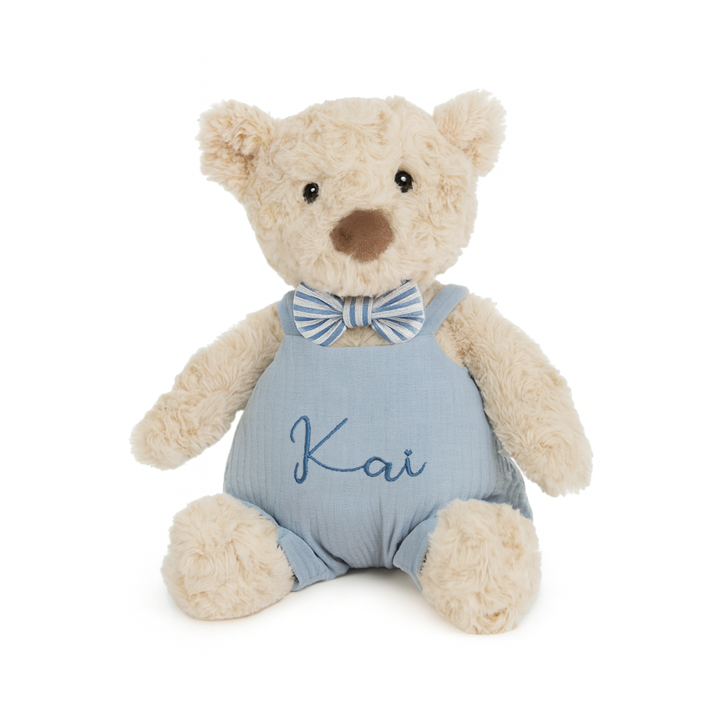 JBØRN Beige Teddy Bear Soft Toy with Personalised Outfit Teddy B in Blue Dungarees Yes - Personalisable Baby Products Sold and Personalised by JustBørn