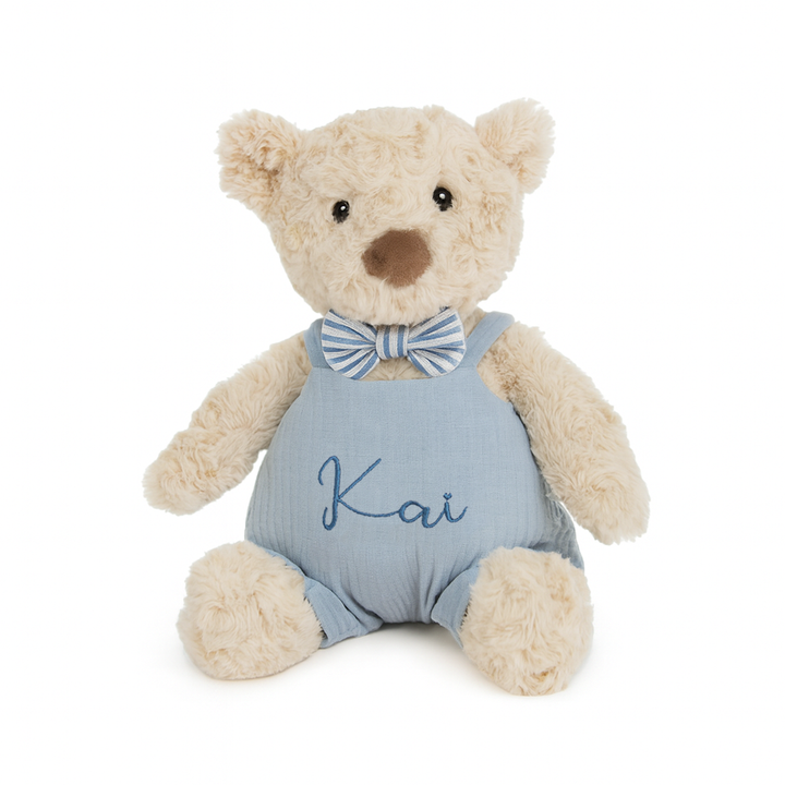 JBØRN Beige Teddy Bear Soft Toy with Personalised Outfit Teddy B in Blue Dungarees Yes - Personalisable Baby Products Sold and Personalised by JustBørn