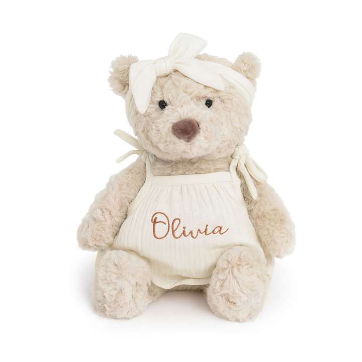 JBØRN Beige Teddy Bear Soft Toy with Personalised Outfit Teddy B in Ivory Tie Dress - Personalisable Baby Products Sold and Personalised by JustBørn