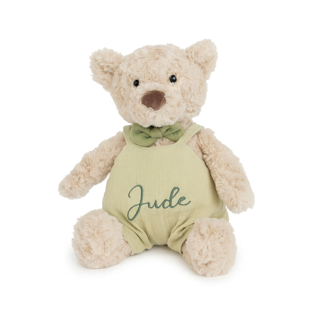 JBØRN Beige Teddy Bear Soft Toy with Personalised Outfit Teddy B in Pistachio Dungarees - Personalisable Baby Products Sold and Personalised by JustBørn