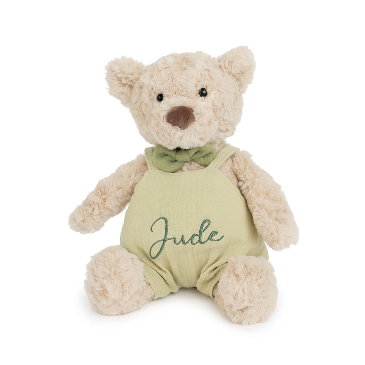 JBØRN Beige Teddy Bear Soft Toy with Personalised Outfit Teddy B in Pistachio Dungarees - Personalisable Baby Products Sold and Personalised by JustBørn