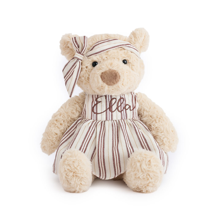 JBØRN Beige Teddy Bear Soft Toy with Personalised Outfit Teddy B in Striped Dress - Personalisable Baby Products Sold and Personalised by JustBørn