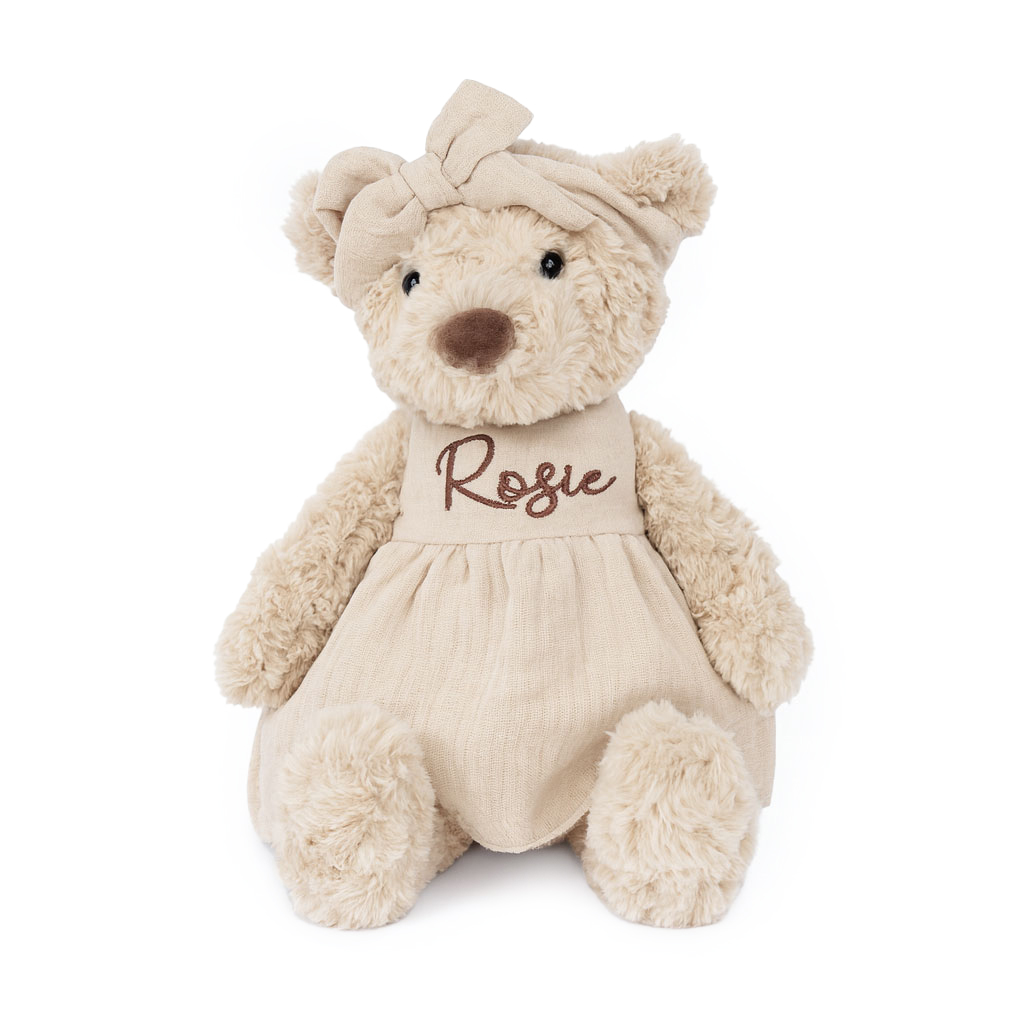 JBØRN Beige Teddy Bear Soft Toy with Personalised Outfit Teddy B in Vanilla Dress Yes - Personalisable Baby Products Sold and Personalised by JustBørn