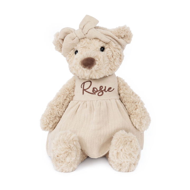 JBØRN Beige Teddy Bear Soft Toy with Personalised Outfit Teddy B in Vanilla Dress Yes - Personalisable Baby Products Sold and Personalised by JustBørn