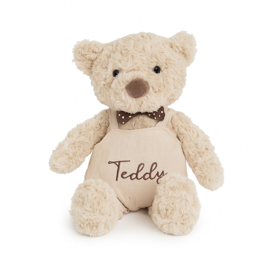 JBØRN Teddy Bear Soft Toy (Beige) with Personalised Outfit Teddy B in Vanilla Dungarees Yes - Personalisable Baby Products Sold and Personalised by JustBørn