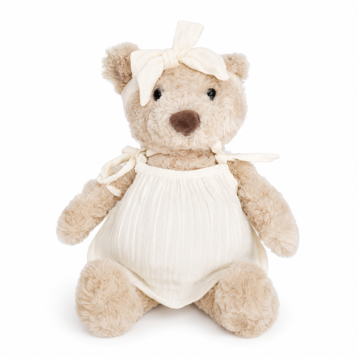 JBØRN Beige Teddy Bear Soft Toy with Personalised Outfit Teddy in Ivory Dress - Personalisable Baby Products Sold and Personalised by JustBørn