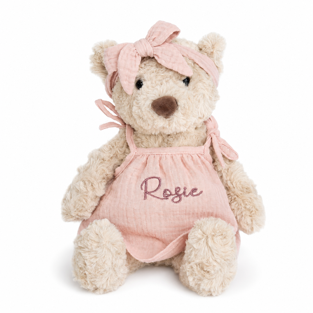 JBØRN Beige Teddy Bear Soft Toy with Personalised Outfit - Personalisable Baby Products Sold and Personalised by JustBørn