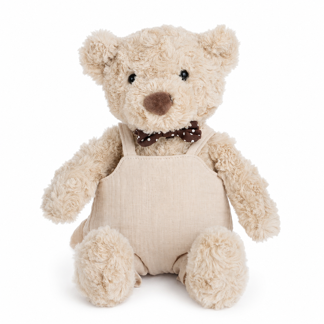 JBØRN Beige Teddy Bear Soft Toy with Personalised Outfit Teddy in Vanilla Dungarees - Personalisable Baby Products Sold and Personalised by JustBørn