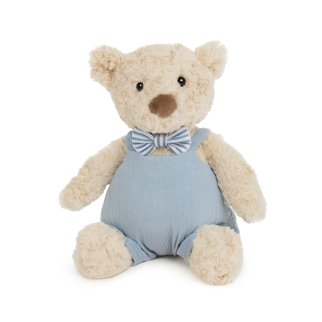 JBØRN Beige Teddy Bear Soft Toy with Personalised Outfit Teddy B in Blue Dungarees No - Personalisable Baby Products Sold and Personalised by JustBørn