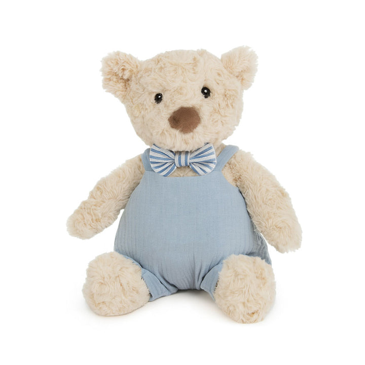 JBØRN Beige Teddy Bear Soft Toy with Personalised Outfit Teddy B in Blue Dungarees No - Personalisable Baby Products Sold and Personalised by JustBørn