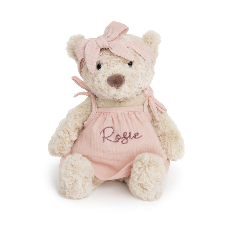 JBØRN Beige Teddy Bear Soft Toy with Personalised Outfit Teddy B in Blush Tie Dress - Personalisable Baby Products Sold and Personalised by JustBørn