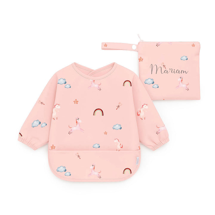 JBØRN Long Sleeve Baby Feeding Bib with Personalised Travel Bag Unicorns Yes - Personalisable Baby Products Sold and Personalised by JustBørn