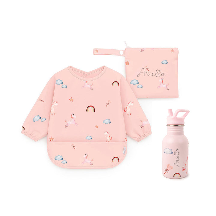 JBØRN First Birthday Gift | Personalised Water Bottle & Matching Sleeved Bib Unicorns - Personalisable Baby Products Sold and Personalised by JustBørn