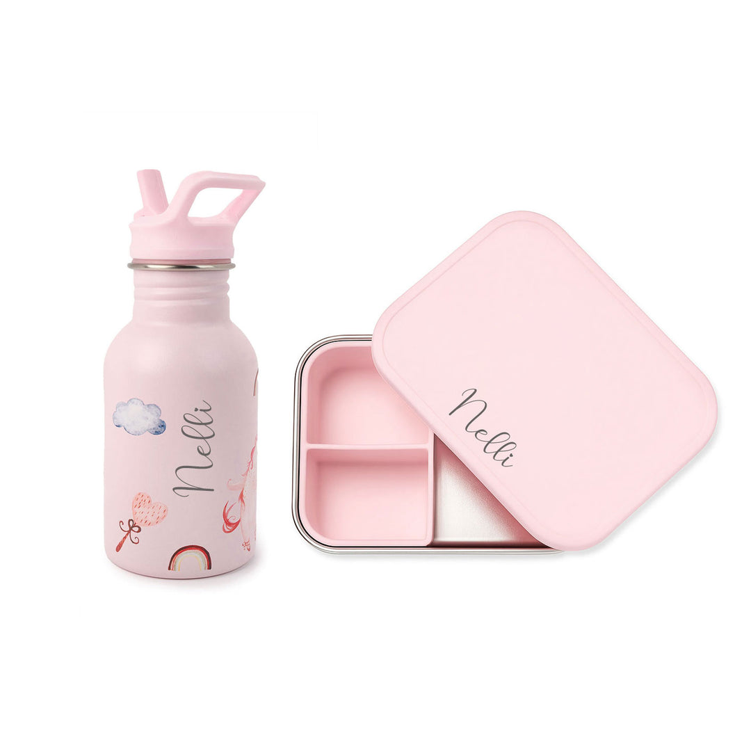 JBØRN Personalised Water Bottle & Lunch Box Set Unicorns No Gift Box - Personalisable Baby Products Sold and Personalised by JustBørn