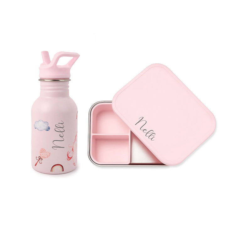 JBØRN Personalised Water Bottle & Lunch Box Set Unicorns No Gift Box - Personalisable Baby Products Sold and Personalised by JustBørn