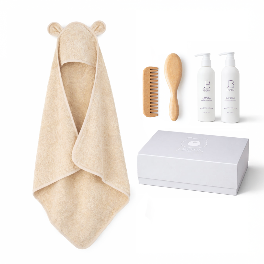JBØRN Baby Bath Gift Set | Towel, Brush Set & Skincare Vanilla Baby Bath Gift Set - Personalisable Baby Products Sold and Personalised by JustBørn