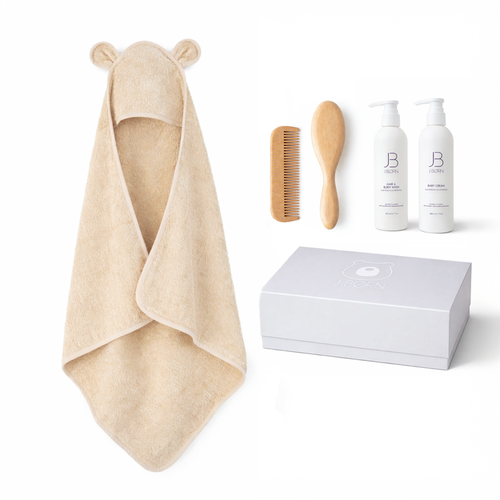 JBØRN Baby Bath Gift Set | Towel, Brush Set & Skincare Vanilla Baby Bath Gift Set - Personalisable Baby Products Sold and Personalised by JustBørn