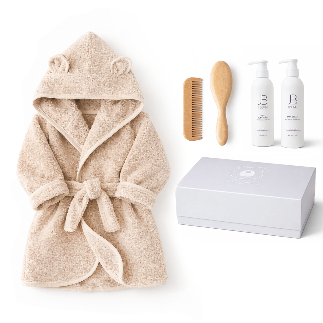 JBØRN Baby Spa Gift Set | Bathrobe, Brush Set & Skincare Vanilla Baby Spa Gift Set - Personalisable Baby Products Sold and Personalised by JustBørn