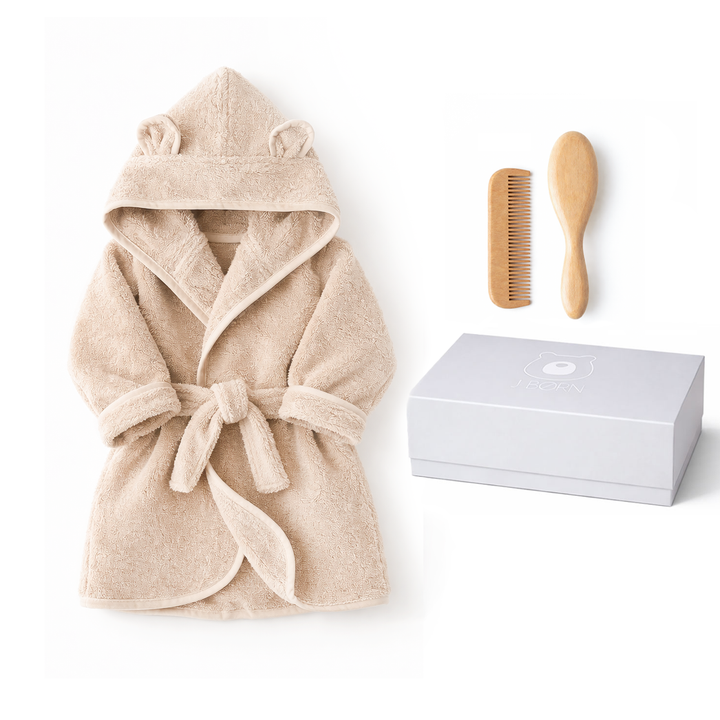 JBØRN Baby Bath Set | Organic Cotton Bathrobe & Hairbrush Set Vanilla Bathrobe & Hairbrush Gift Set - Personalisable Baby Products Sold and Personalised by JustBørn