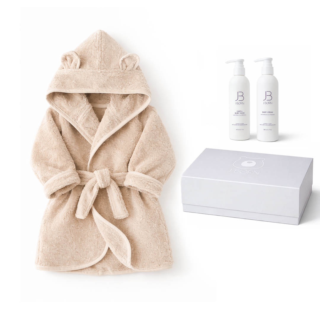 JBØRN Baby Bathrobe & Skincare Gift Set Vanilla Bathrobe & Skincare Gift Set - Personalisable Baby Products Sold and Personalised by JustBørn