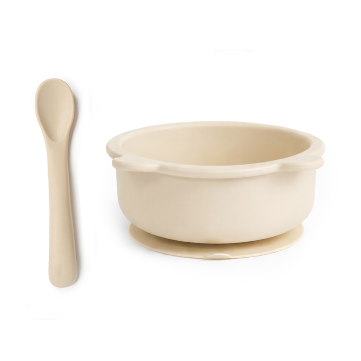 JBØRN Baby Weaning Silicone Bowl and Spoon Set Vanilla - Personalisable Baby Products Sold and Personalised by JustBørn