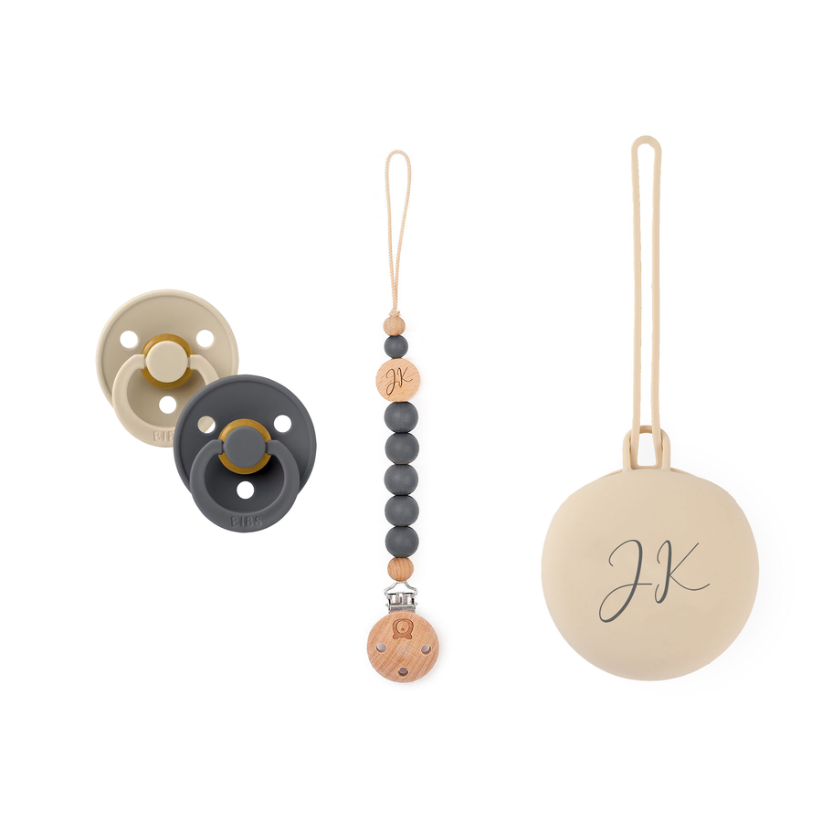 BIBS x JBØRN Set | 2 Pack Pacifiers with Matching Holders Vanilla & Iron Set - Personalisable Baby Products Sold and Personalised by JustBørn