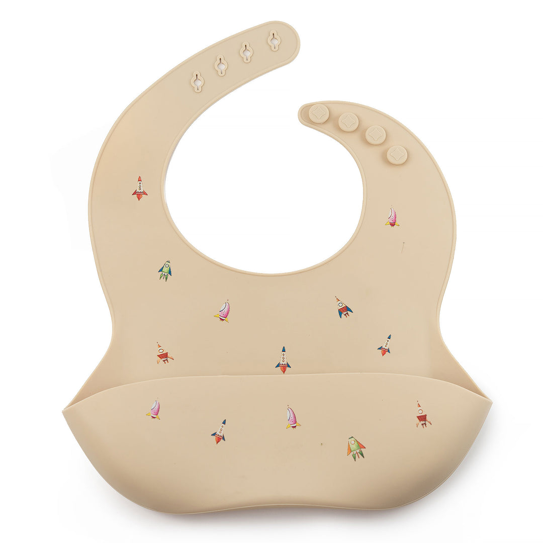 JBØRN Silicone Baby Feeding Bib | Weaning Essentials Rockets Vanilla - Personalisable Baby Products Sold and Personalised by JustBørn