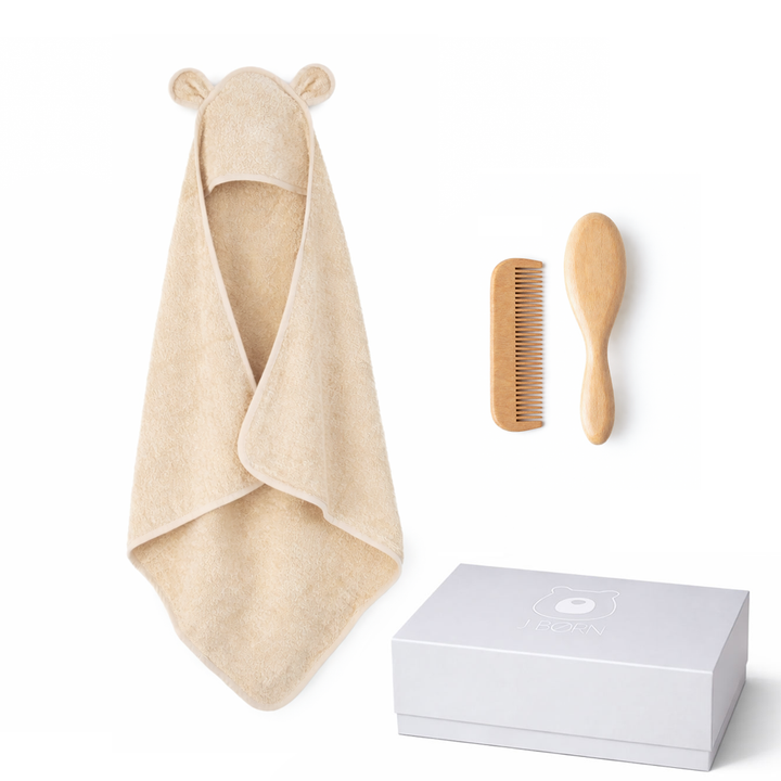 JBØRN Baby Gift Set | Organic Cotton Towel & Hair Brush Set Vanilla Towel & Hairbrush Gift Set - Personalisable Baby Products Sold and Personalised by JustBørn