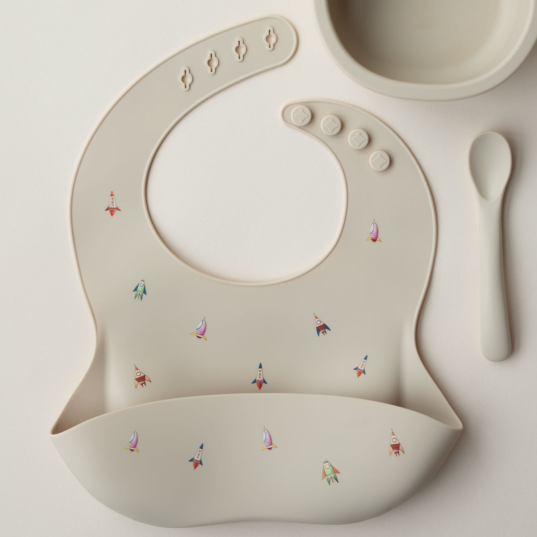 AMAZON FBA Silicone Baby Feeding Bib Rockets Vanilla - Personalisable Baby Products Sold and Personalised by JustBørn