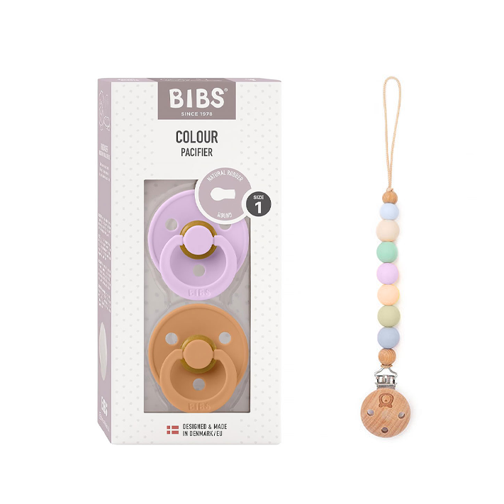 Pack of 2 BIBS Colour Latex Pacifiers & Rainbow Pacifier Clip | 0-6 Months | Size 1 Violet Sky Pumpkin & Rainbow Clip Size 1 (0-6 months) - Personalisable Baby Products Sold and Personalised by JustBørn