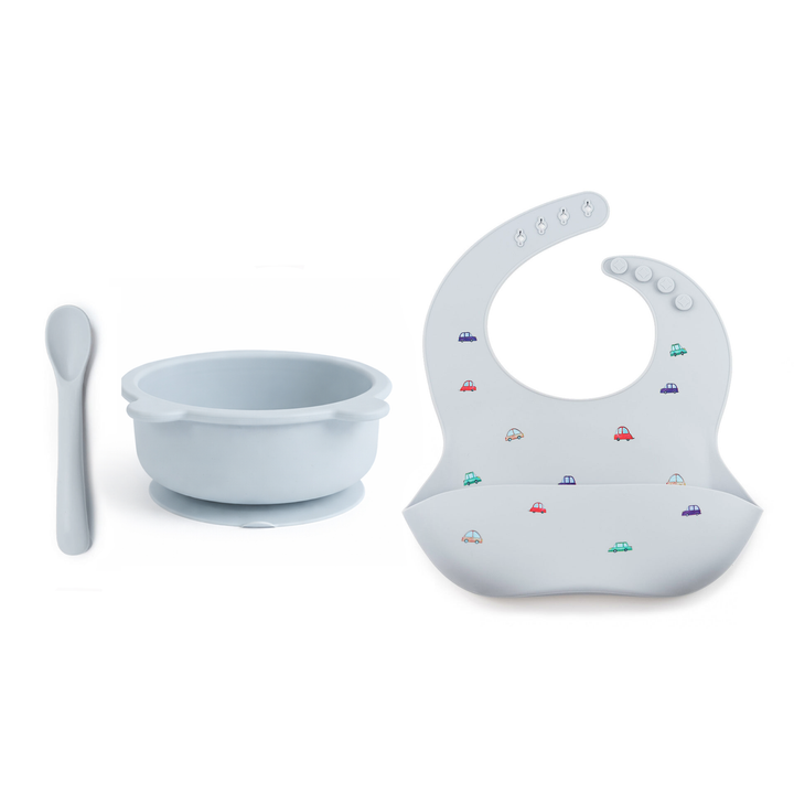 JBØRN Baby Weaning Basic Box Weaning Bowl & Bib Set | Powder Blue Cars - Personalisable Baby Products Sold and Personalised by JustBørn