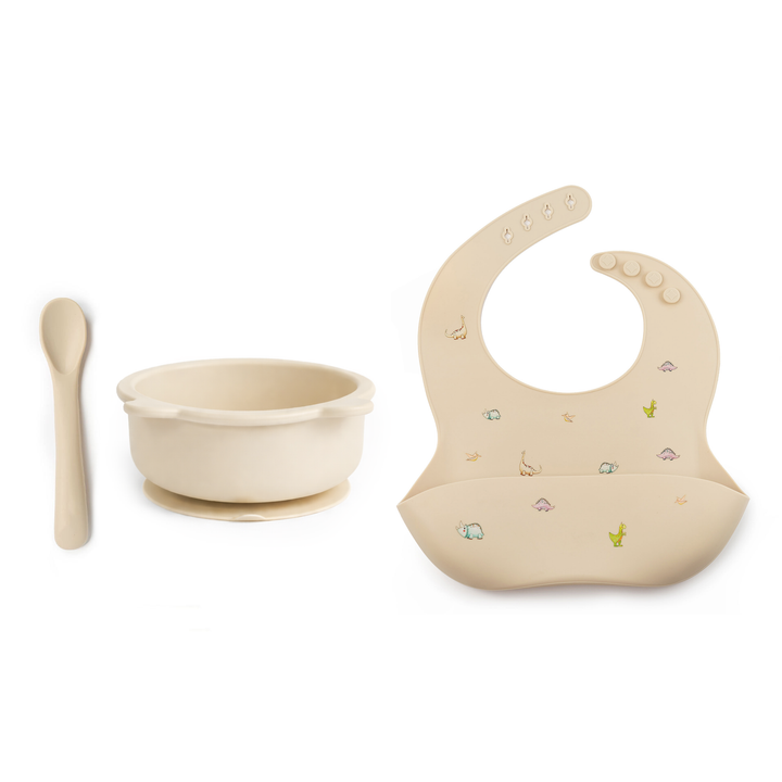 JBØRN Baby Weaning Basic Box Weaning Bowl & Bib Set | Vanilla Dino - Personalisable Baby Products Sold and Personalised by JustBørn