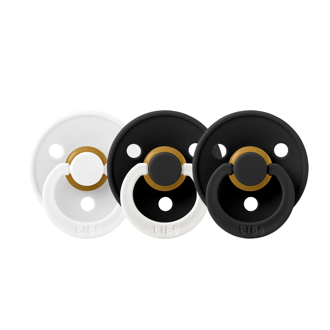 BIBS Colour Natural Rubber Latex Pacifiers (Size 1 & 2) | 3 Pack White Black Black Night Glow - Personalisable Baby Products Sold and Personalised by JustBørn