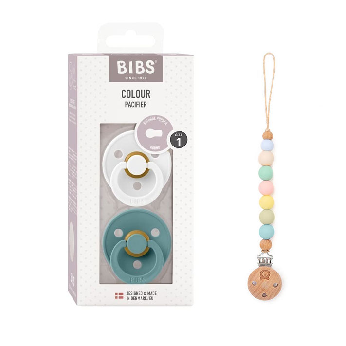 Pack of 2 BIBS Colour Latex Pacifiers & Rainbow Pacifier Clip | 0-6 Months | Size 1 White Island Sea & Rainbow Clip Size 1 (0-6 months) - Personalisable Baby Products Sold and Personalised by JustBørn
