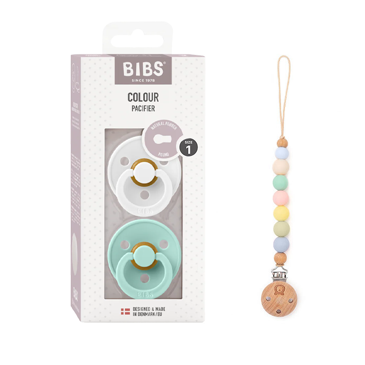 Pack of 2 BIBS Colour Latex Pacifiers & Rainbow Pacifier Clip | 0-6 Months | Size 1 White Mint & Rainbow Clip Size 1 (0-6 months) - Personalisable Baby Products Sold and Personalised by JustBørn