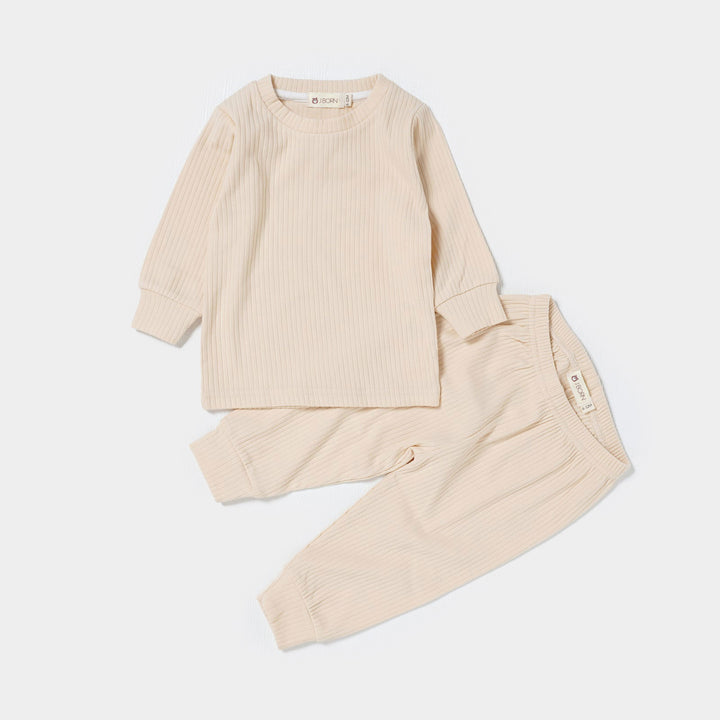 JBØRN Organic Cotton Ribbed Baby Pyjamas Oatmeal - Personalisable Baby Products Sold and Personalised by JustBørn
