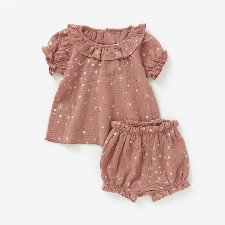 JBØRN Organic Cotton Muslin Baby Girl Outfit Powder Blush (Stars) - Personalisable Baby Products Sold and Personalised by JustBørn
