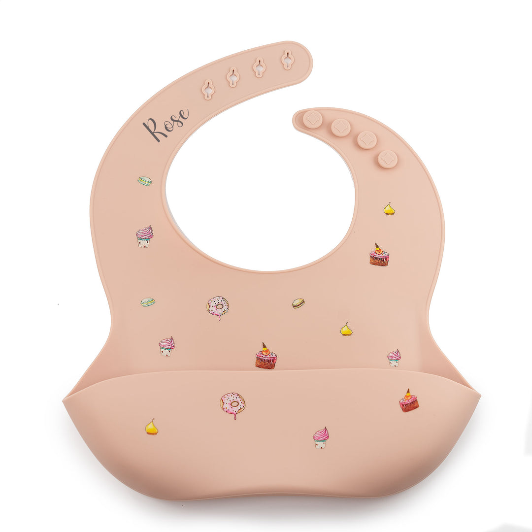 Cakes Blush JBØRN Silicone Baby Feeding Bib | Personalisable by Just Børn sold by Just Børn