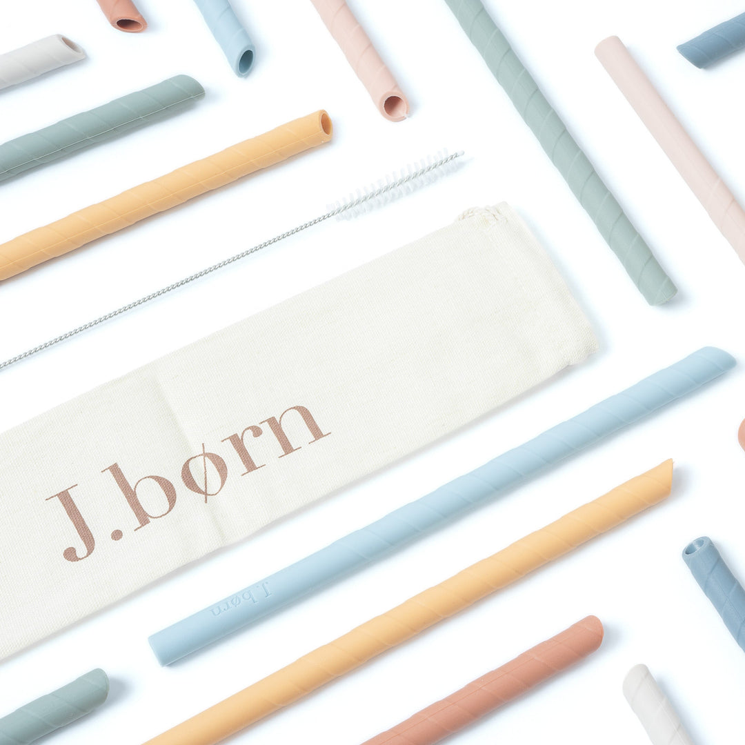 Blue Mix JBØRN Silicone Straws (Straight) x6 with Cleaning Brush & Pouch by Just Børn sold by Just Børn