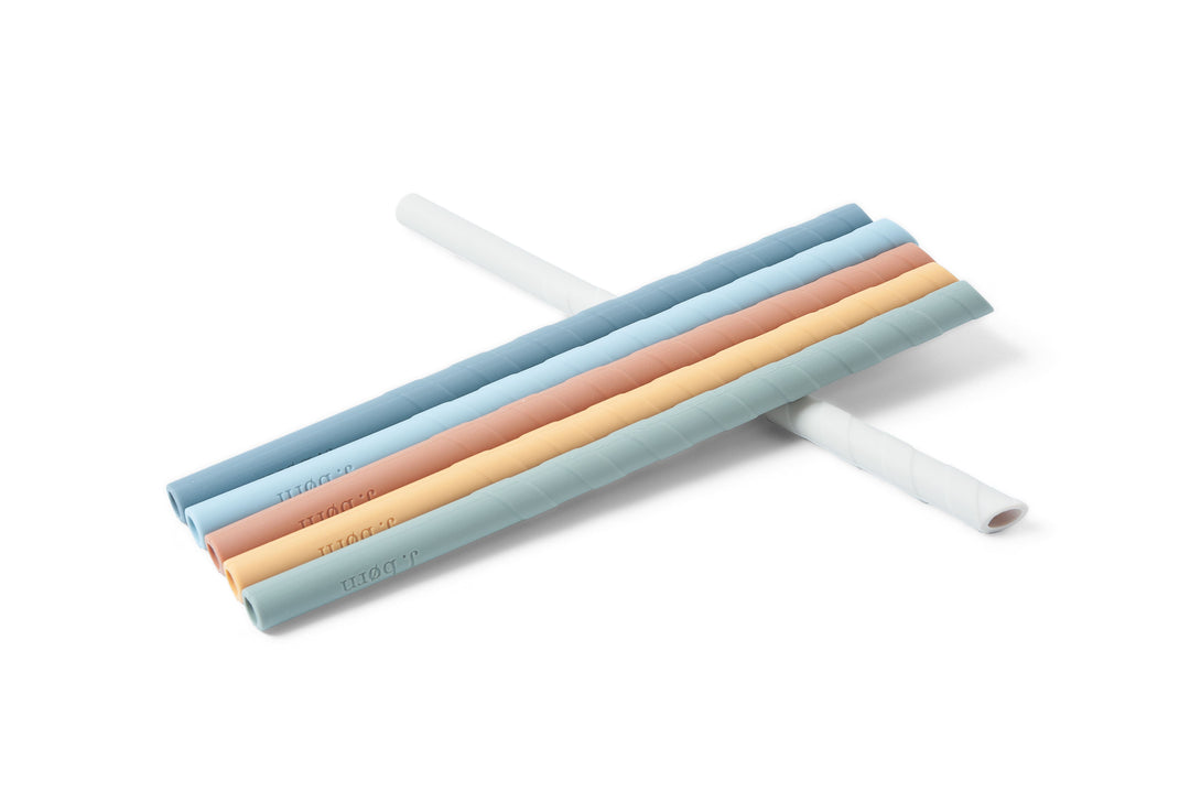 Blue Mix JBØRN Silicone Straws (Straight) x6 with Cleaning Brush & Pouch by Just Børn sold by Just Børn